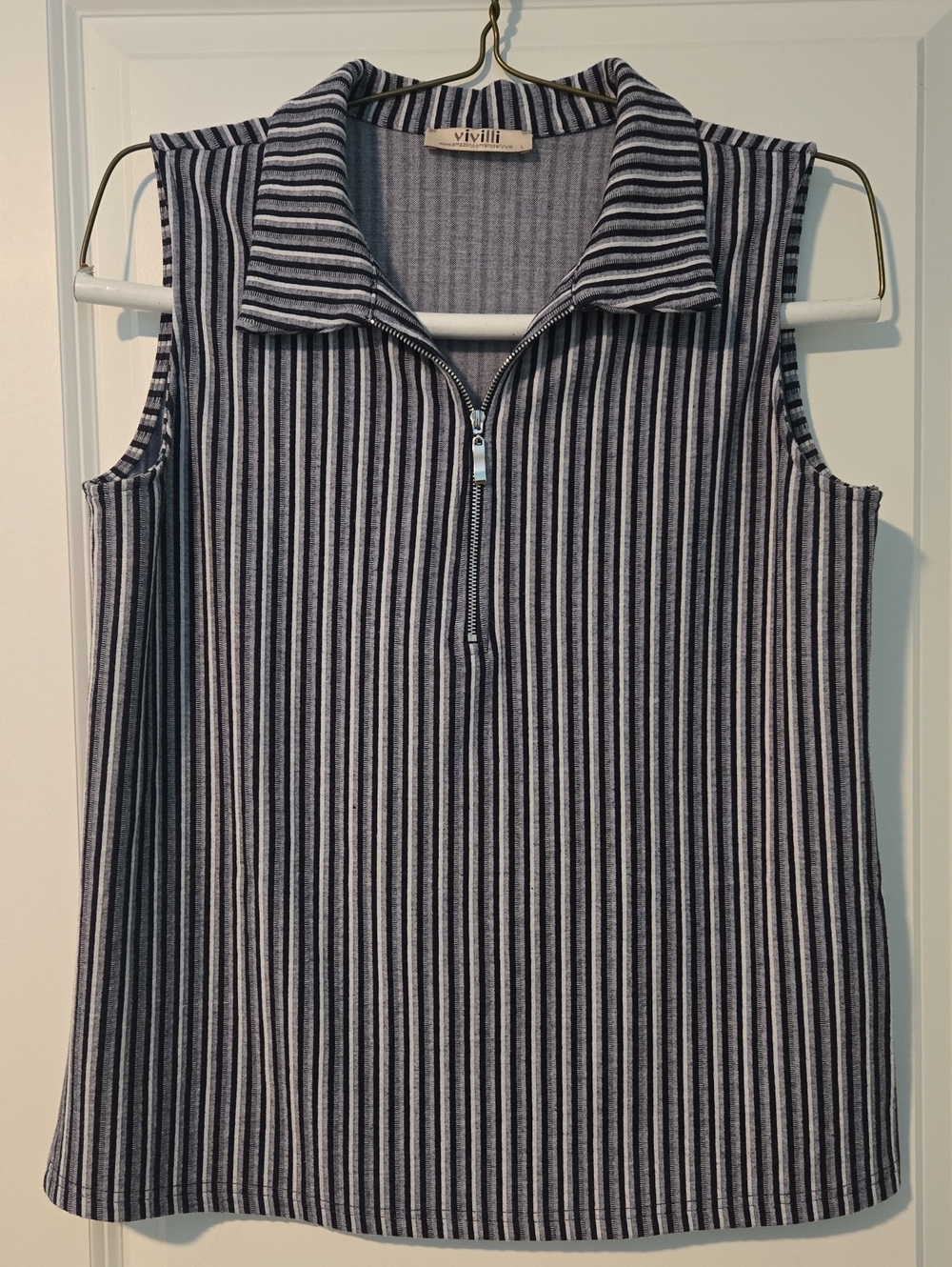 ViVILLI Navy and White Vertical Stripe Zip Polo Tank